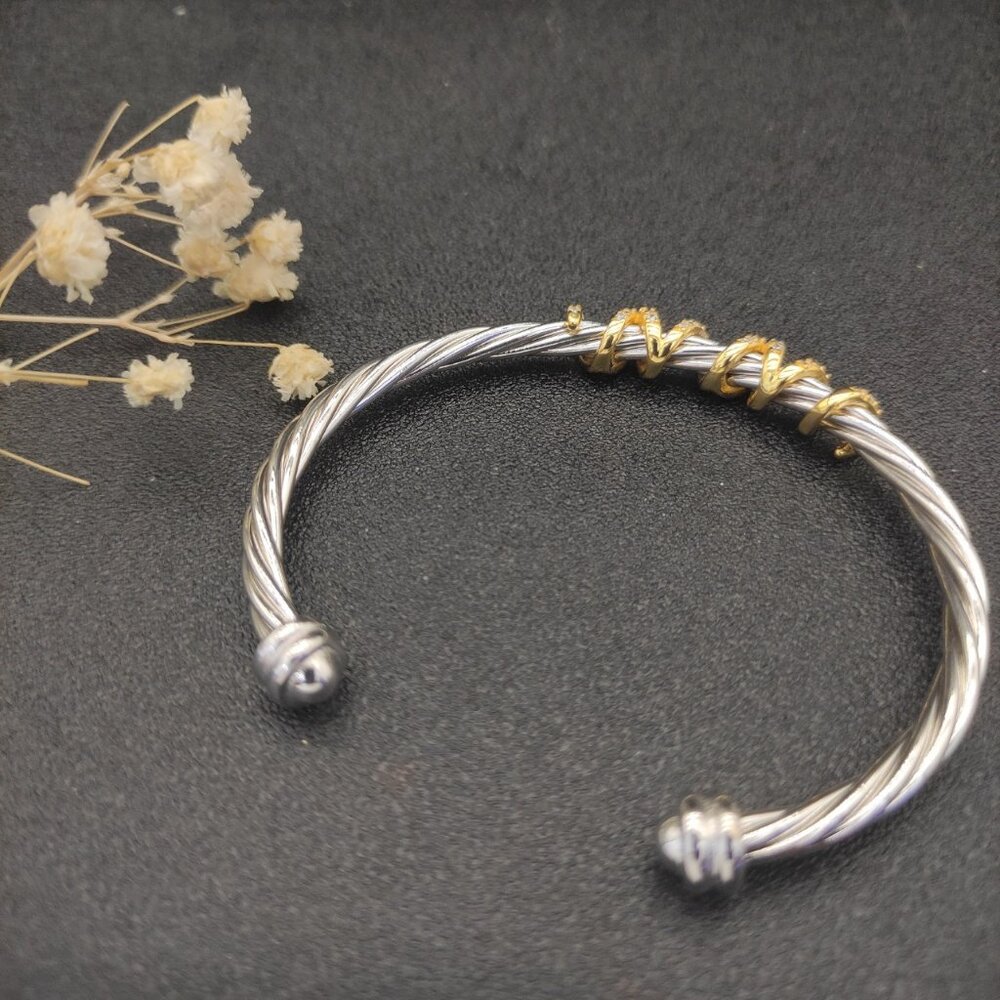 David Yurman Diamond Sterling Silver Gold Plated Wrap Round Bracelet 4mm - Picture 4 of 9